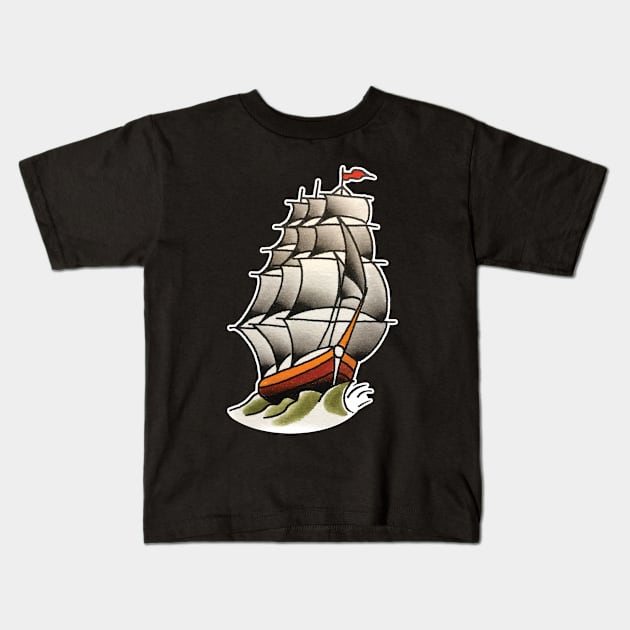 Classic Ship Tattoo Design Kids T-Shirt by forevertruetattoo